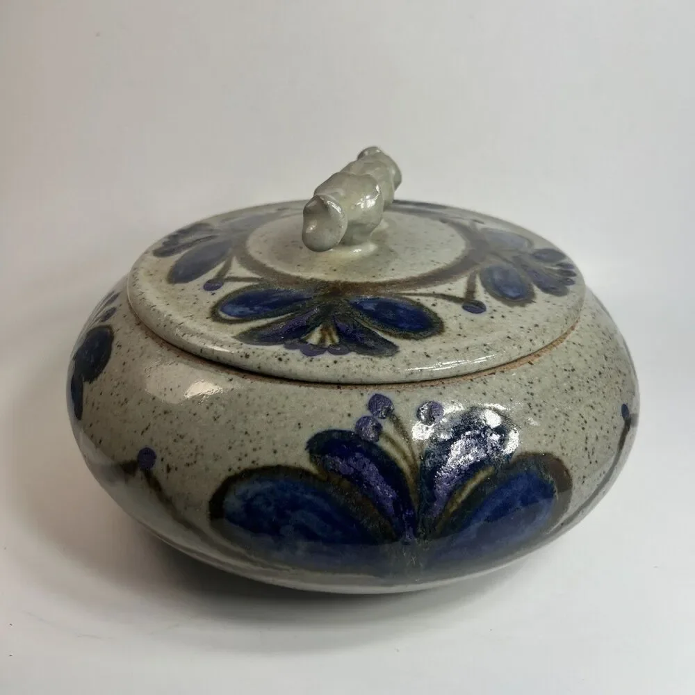Vintage Studio Art Pottery Stoneware w Lid Blue Purple Speckled Brown Signed 9”